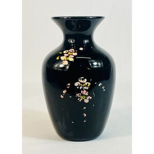 Vintage Hand Painted Amethyst Glass Floral Black Vase MCM Mid Century